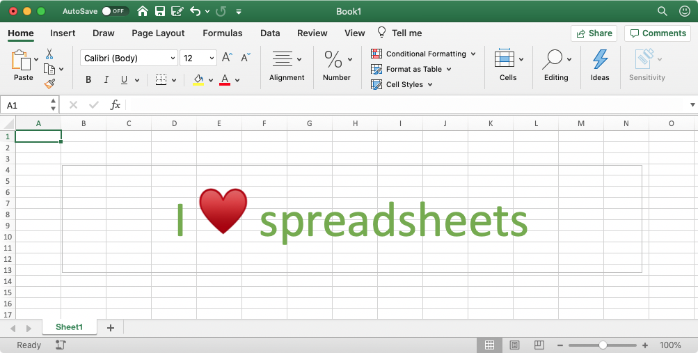 Excel spreadsheet with I Heart Spreadsheets on it