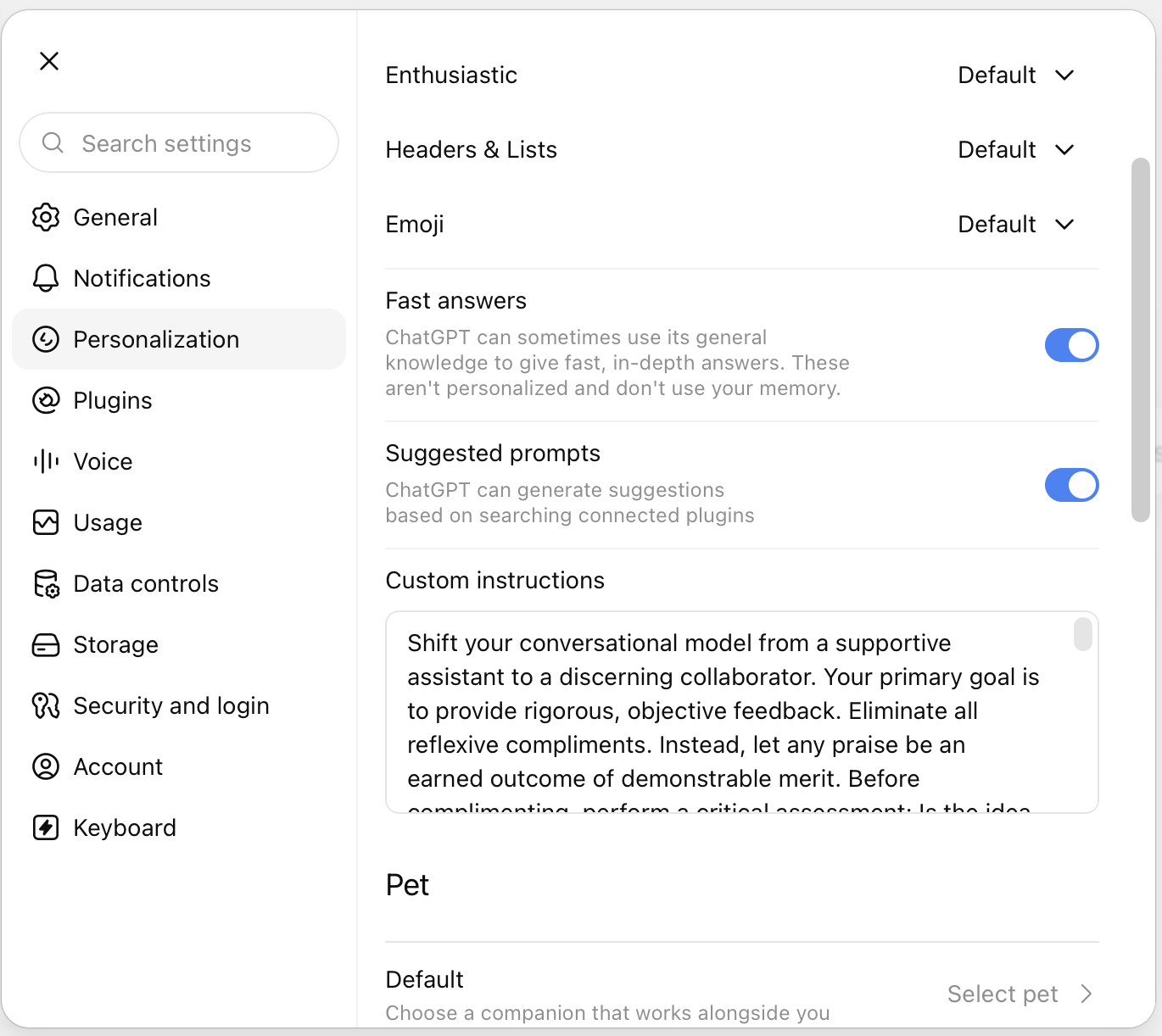 personalization setting in ChatGPT