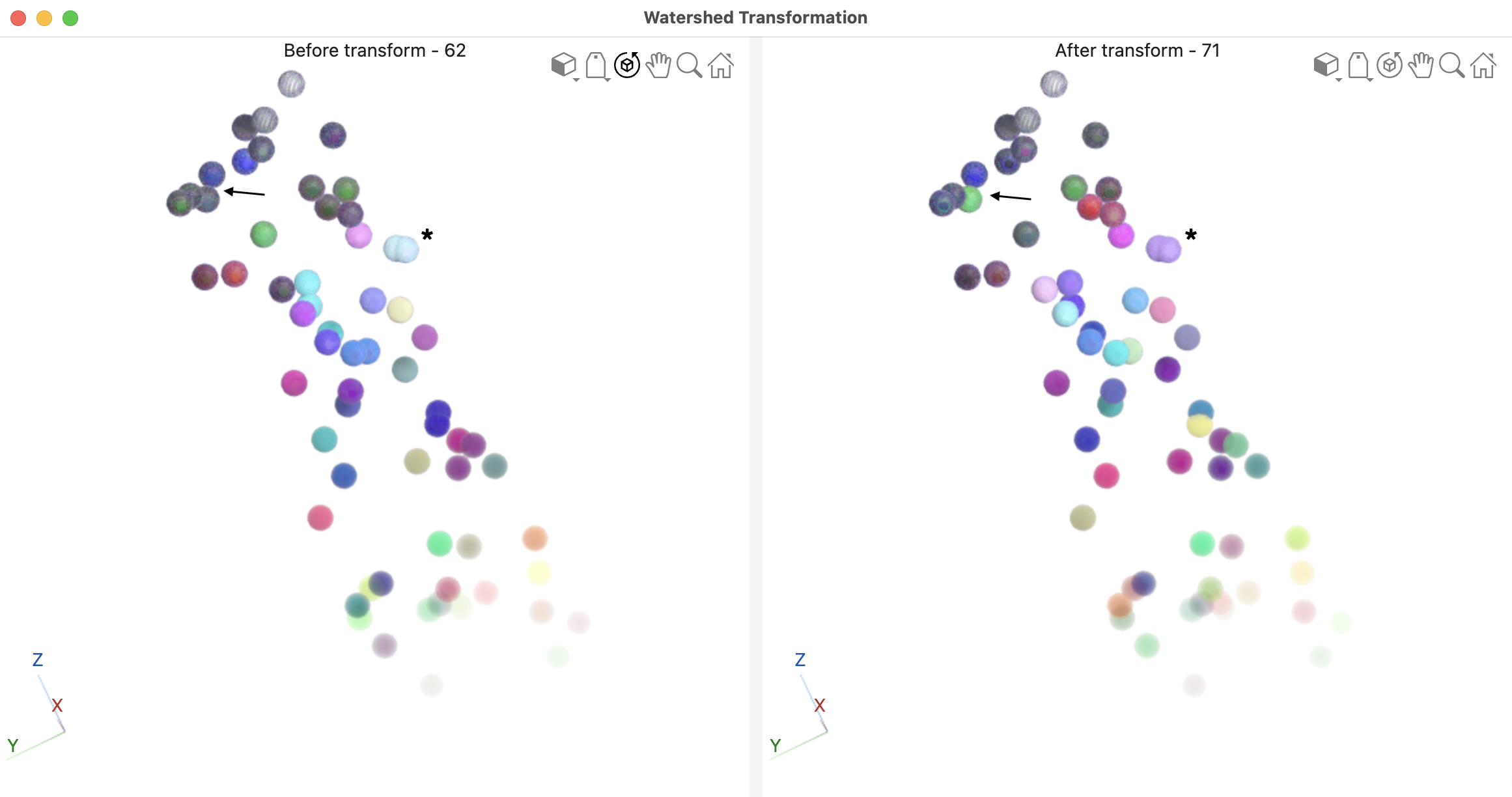 side by side volshow display of mask and watershed transform